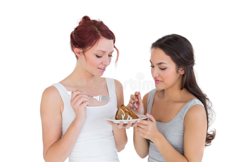 Torta femenina joven hermosa de los pasteles de los amigos junto foto de archivo libre de regalías Torta femenina joven hermosa de los pasteles de los amigos junto foto de archivo libre de regalías