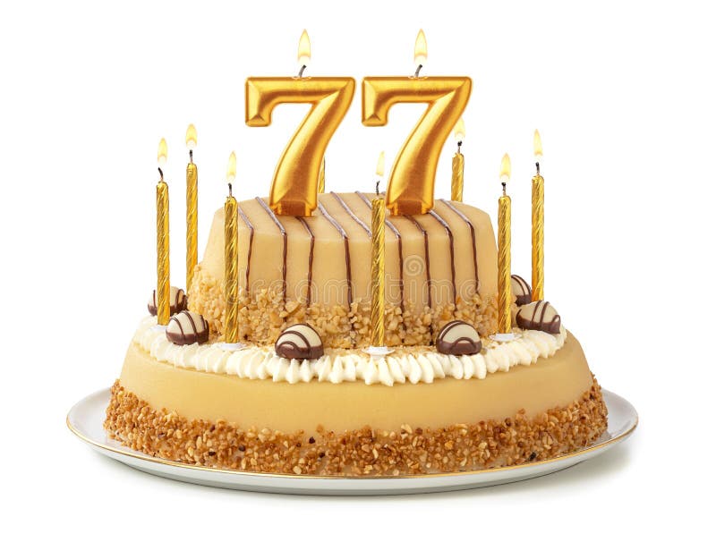 Festive cake with golden candles - Number 77. Festive cake with golden candles - Number 77