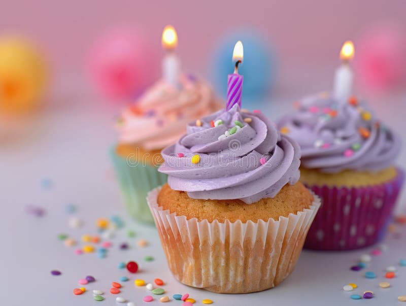 Torte di compleanno con candele. Tre cupcake colorati con candele su una piastra bianca circondati da sprinkles. ai generative ai generato