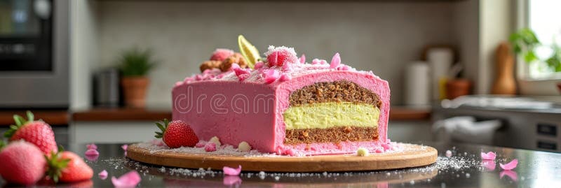 Torte di fragole di bacca di rosa deliziose con strati di cremosa e decorazioni di frutta fresca fotografie stock libere da diritti