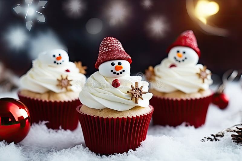 Handmade christmas cupcakes decorated with snowman.  AI generated. Handmade christmas cupcakes decorated with snowman.  AI generated