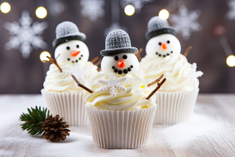 Handmade christmas cupcakes decorated with snowman.  AI generated. Handmade christmas cupcakes decorated with snowman.  AI generated