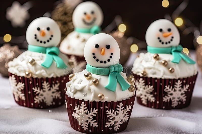 Handmade christmas cupcakes decorated with snowman.  AI generated. Handmade christmas cupcakes decorated with snowman.  AI generated