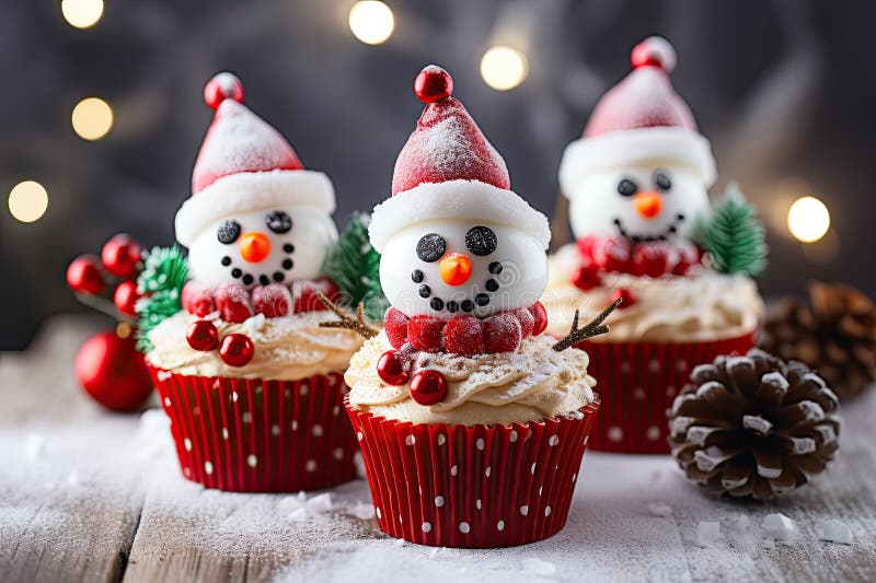 Handmade christmas cupcakes decorated with snowman.  AI generated. Handmade christmas cupcakes decorated with snowman.  AI generated