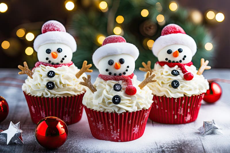 Handmade christmas cupcakes decorated with snowman.  AI generated. Handmade christmas cupcakes decorated with snowman.  AI generated