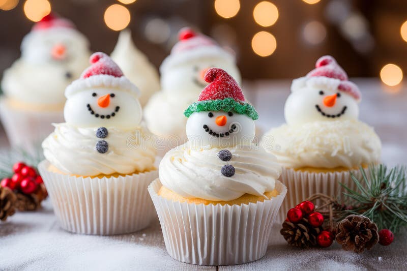 Handmade christmas cupcakes decorated with snowman.  AI generated. Handmade christmas cupcakes decorated with snowman.  AI generated