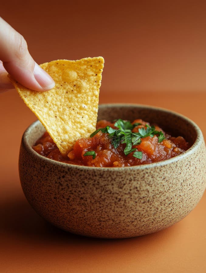 Tortilla chip dipped in salsa with a brown bowl. royalty free stock photo