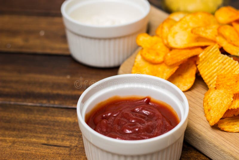 Tortilla Chips and Dipping Sauce Stock Photo Image of full, group