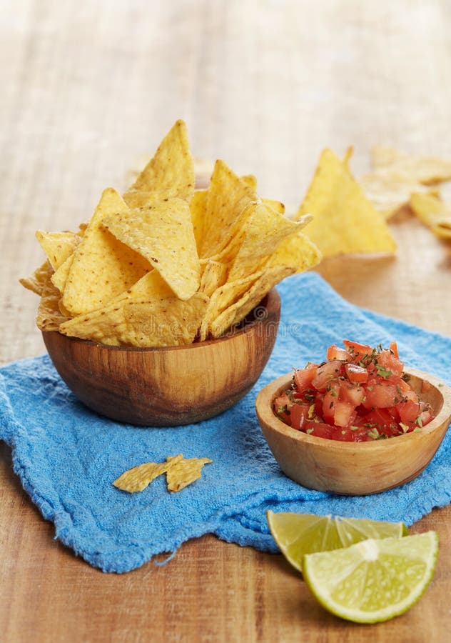 Tortilla Chips with Lime and Tomatoe Sauce Stock Image Image of salt