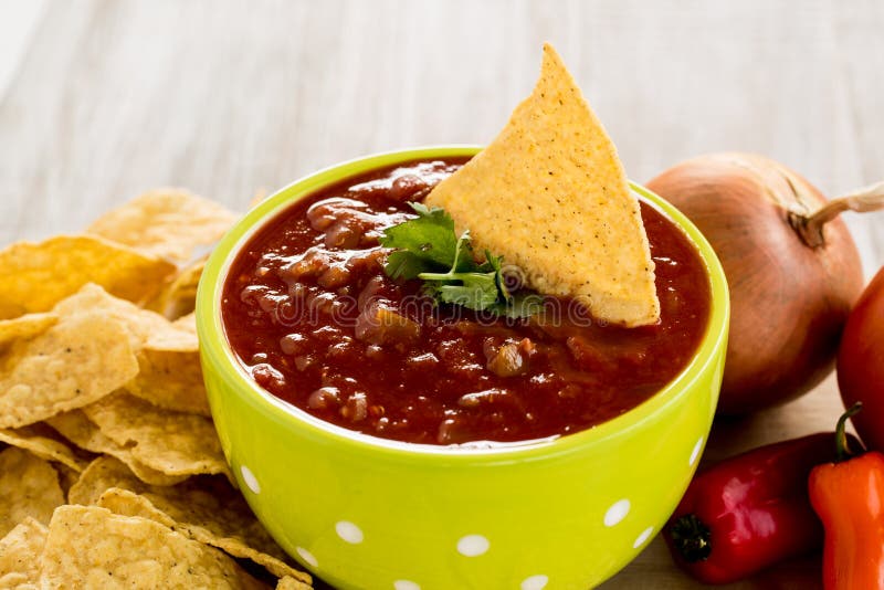 Tortilla Chips with Salsa and Vegetables Appetizer Food Stock Image
