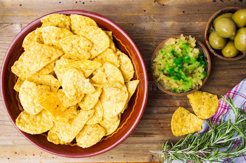 Tortilla Chips with Sauce on the Table Stock Image Image of rustic