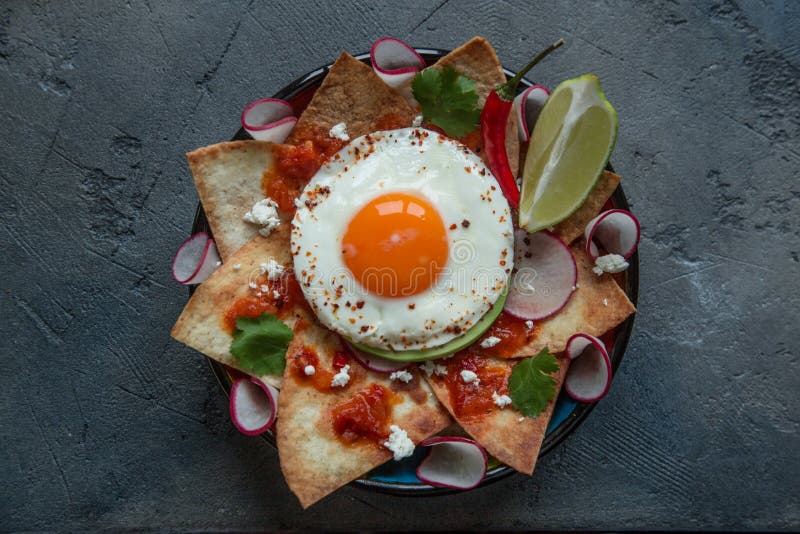 Tortilla mexicana de Chilaquiles con salsa del tomate, el pollo y el primer del huevo en una placa visión horizontal desde arriba imagen de archivo Tortilla mexicana de Chilaquiles con salsa del tomate, el pollo y el primer del huevo en una placa visión horizontal desde arriba imagen de archivo