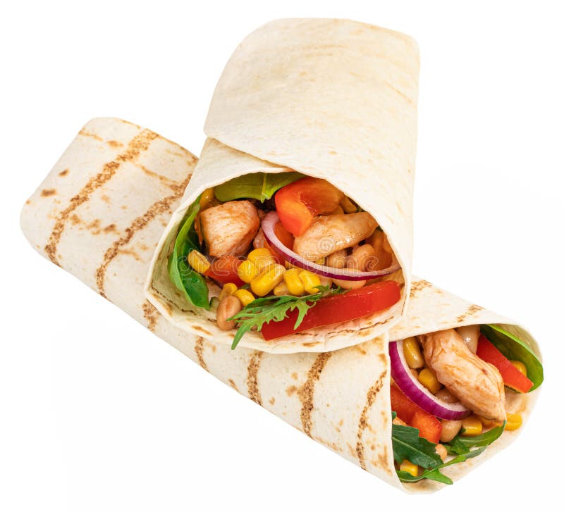 Tortilla Wrap with Fried Chicken Meat and Vegetables Isolated on White