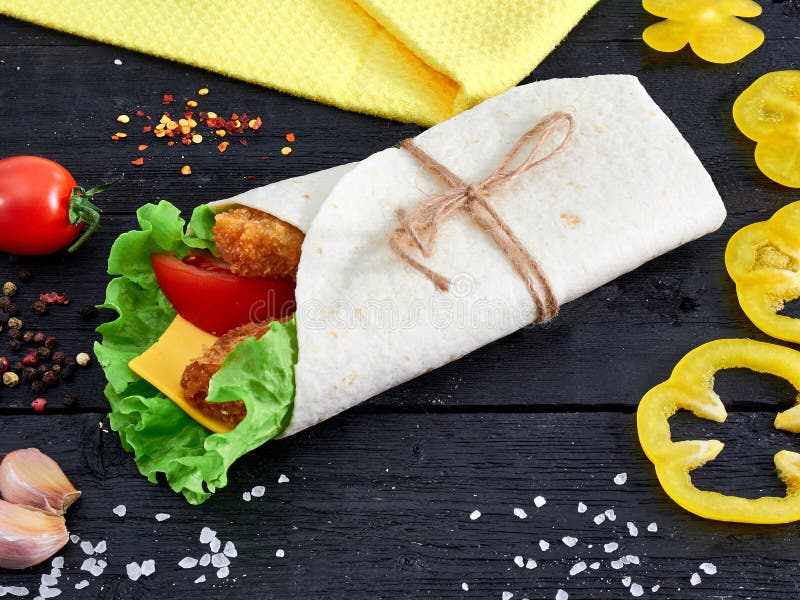 Tortilla Wrap Sandwich with Meat and Wegetables on Wood Stock Photo Image of kebab, cooking