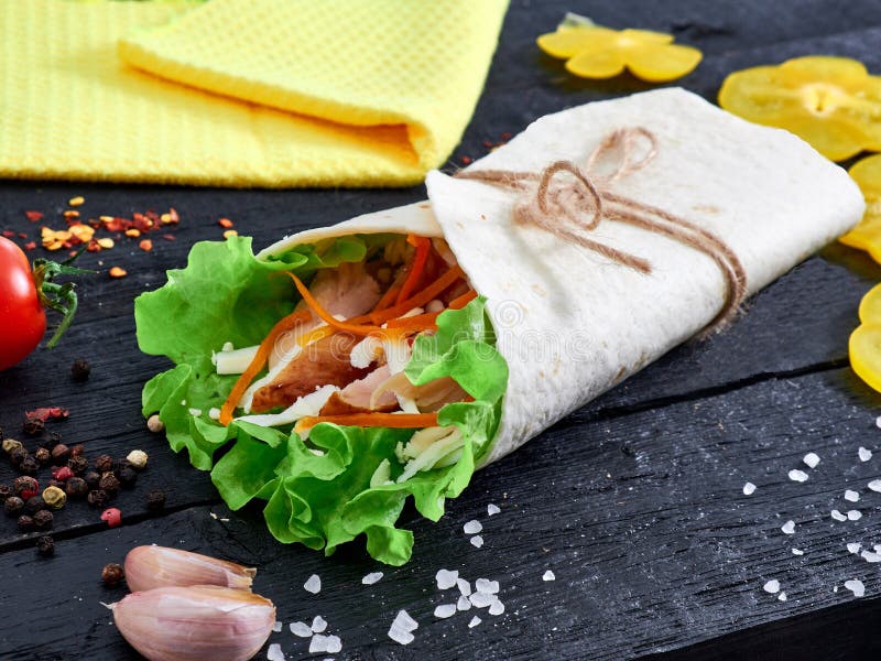 Tortilla Wrap Sandwich with Meat and Wegetables on Wood Stock Photo Image of sandwich, organic