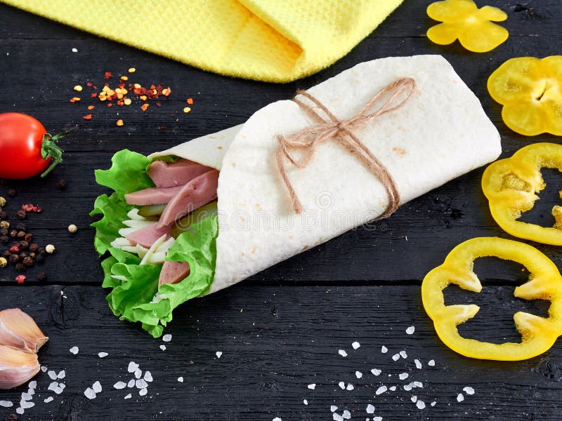 Tortilla Wrap Sandwich with Meat and Wegetables on Wood Stock Photo Image of salad, kebab