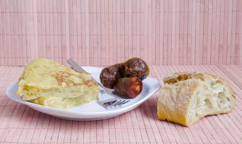 Typical spanish food: potatoes omelet or tortilla de patatas with fresh spanish sausage or chorizo. Nice for lunch or dinner. Typical spanish food: potatoes omelet or tortilla de patatas with fresh spanish sausage or chorizo. Nice for lunch or dinner