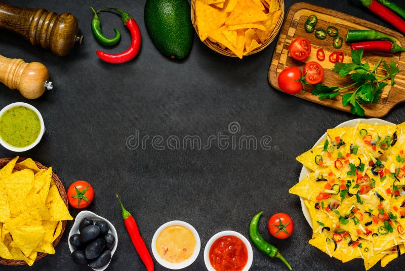 Copy Space Frame with Tortilla Chips, Ingredients and Dip. Copy Space Frame with Tortilla Chips, Ingredients and Dip