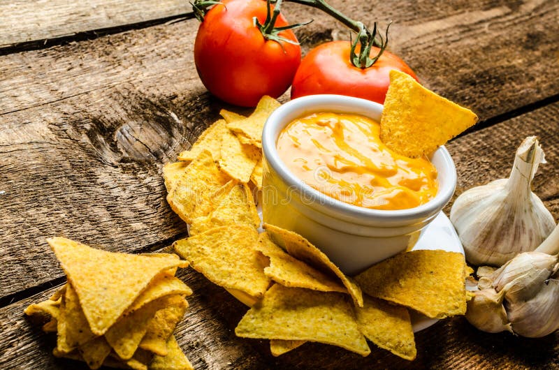 Tortillachiper med det tomat- och ost-vitlök doppet arkivbild Tortillachiper med det tomat- och ost-vitlök doppet arkivbild