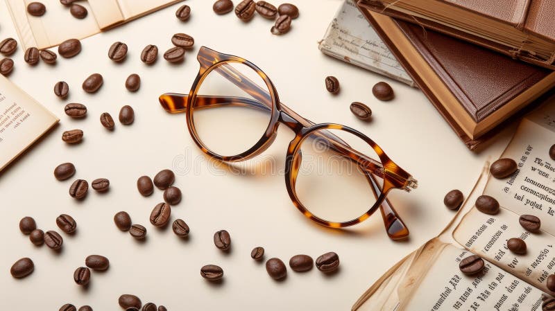 Tortoiseshell очки и кофейные бобы на открытых книг стоковое фото rf