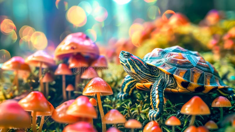 Tortue colorée à la découverte d'une forêt de champignons magiques. Une tortue éclatante et détaillée se fraye un chemin à travers une forêt de contes de fées lumineux remplie de champignons colorés et de bokeh étincelants générés par l'ai