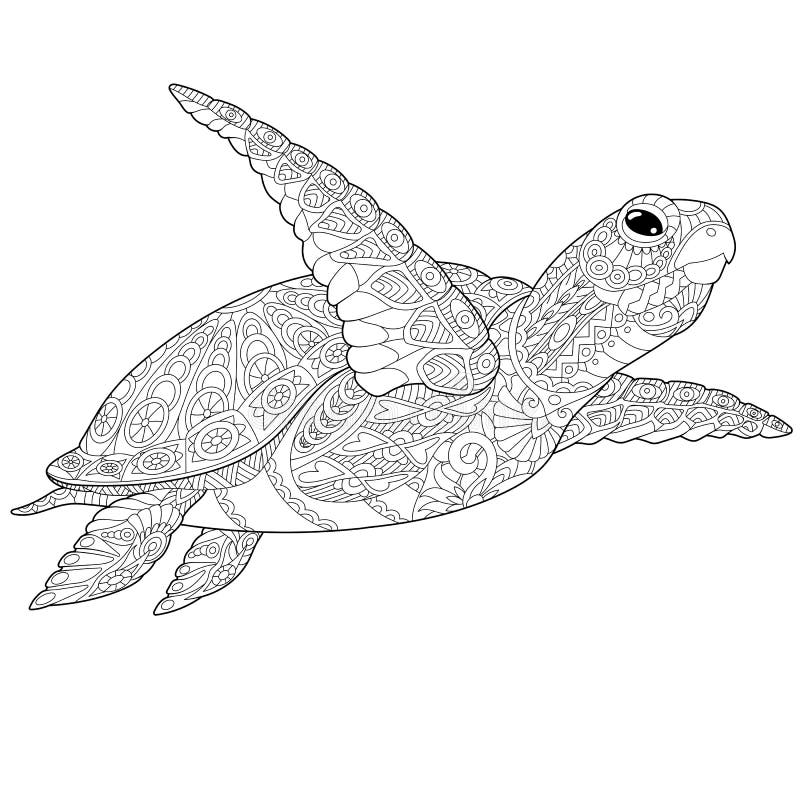 Stylized underwater turtle (tortoise). Freehand sketch for adult anti stress coloring book page with doodle and zentangle elements. Stylized underwater turtle (tortoise). Freehand sketch for adult anti stress coloring book page with doodle and zentangle elements.