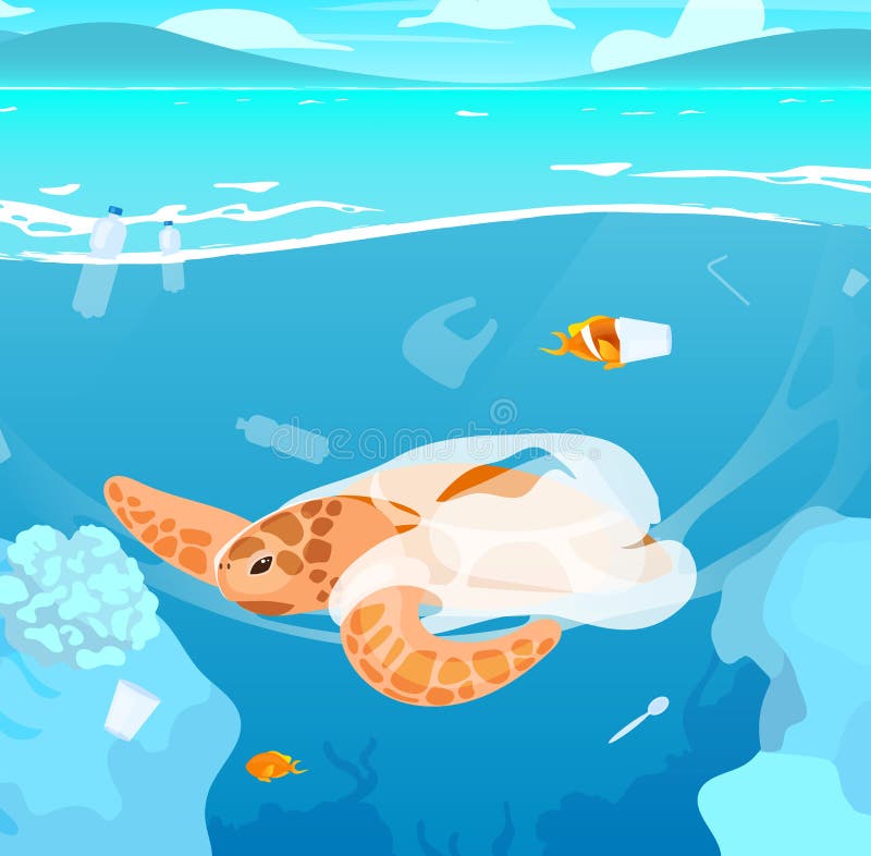 Tortue Piégée Dans Des Déchets Plastiques Flottant Dans La