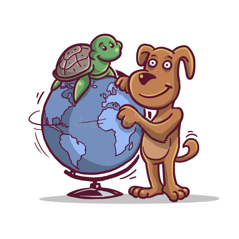 Tortue et chien heureux sur le globe images libres de droits Tortue et chien heureux sur le globe images libres de droits