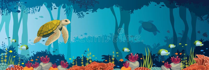 Tortuga, arrecife de coral, cueva subacuática y cueva Mar subacuático libre illustration Tortuga, arrecife de coral, cueva subacuática y cueva Mar subacuático libre illustration