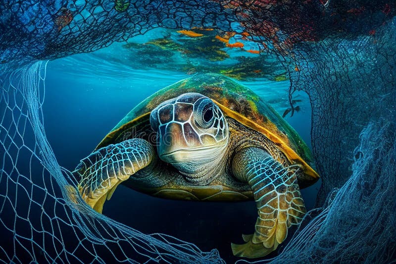 Tortuga marina enredada en una red de pesca desechada. ai generativo. tortuga atrapada en la red de pesca.