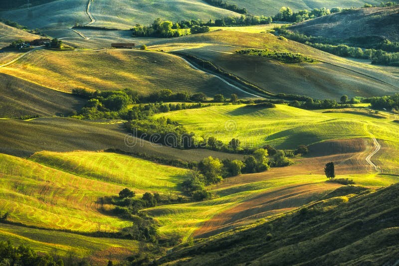 Toscanië, rollende heuvels op zonsondergang Landelijk landschap Groen F stock foto's Toscanië, rollende heuvels op zonsondergang Landelijk landschap Groen F stock foto's
