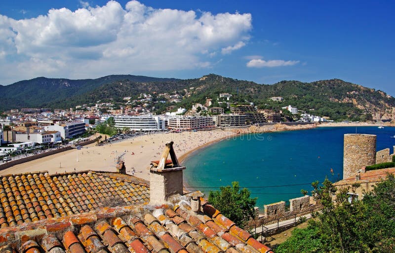 Tossa de Mar beach aerial view Villa Vella fortress wall panorama panoramic Spain Costa Brava Catalonia Barcelona Europe european