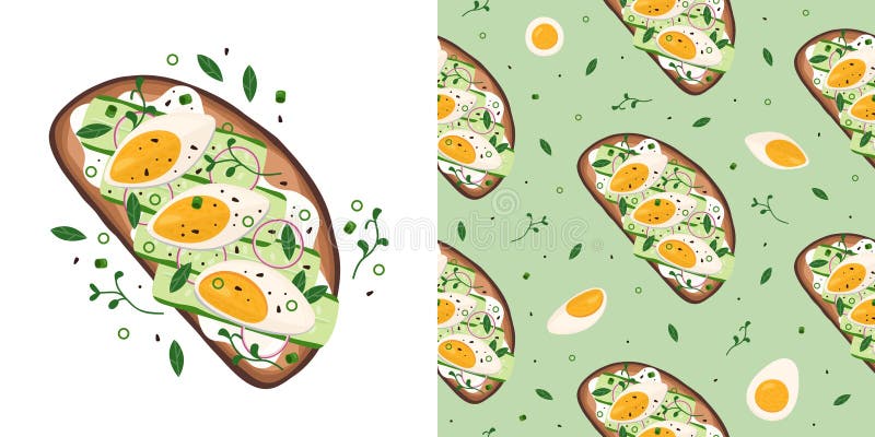 Toast with cucumbers, eggs and onion. Seamless vector pattern with bruschetta, boiled eggs and greenery. Healthy food, eating, cooking, recipes, restaurant menu. Sandwich top view. Vector background. Toast with cucumbers, eggs and onion. Seamless vector pattern with bruschetta, boiled eggs and greenery. Healthy food, eating, cooking, recipes, restaurant menu. Sandwich top view. Vector background