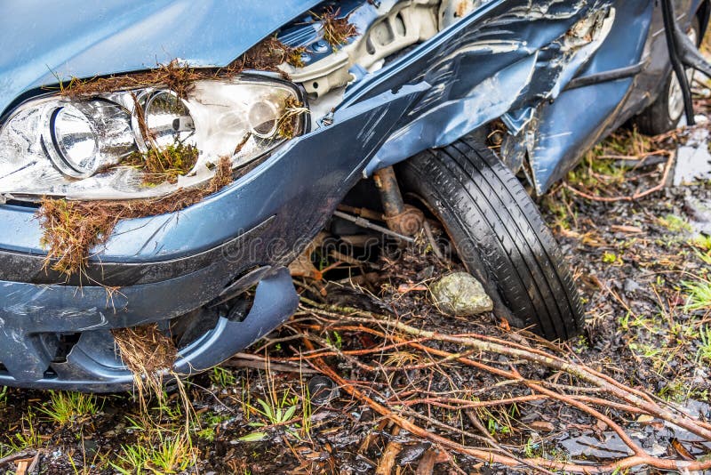 Total Loss Car with Broken Windscreen, Axle Fracture and Police Barrier