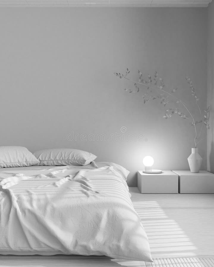 Total White Project Draft, Japandi Bedroom Mock Up. Japanese Minimal