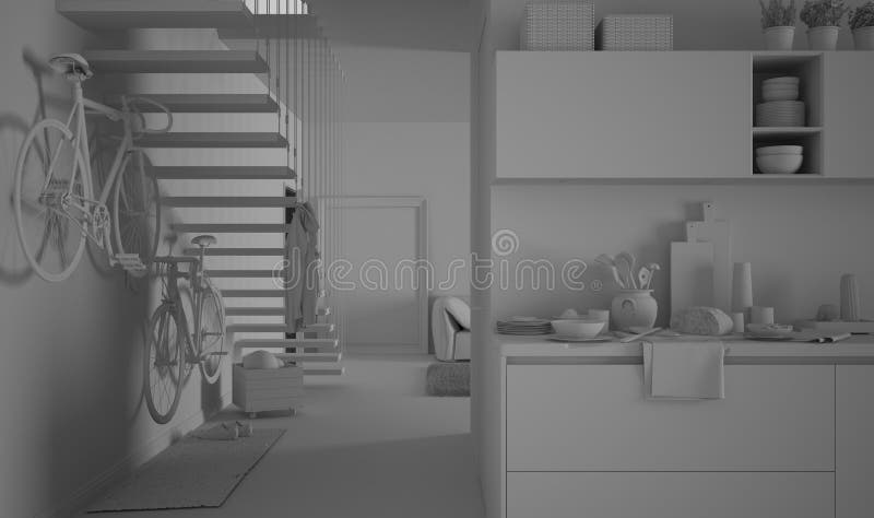 Total white project of kitchen and living room with stairs and bike, modern architecture interior stock illustration Total white project of kitchen and living room with stairs and bike, modern architecture interior stock illustration