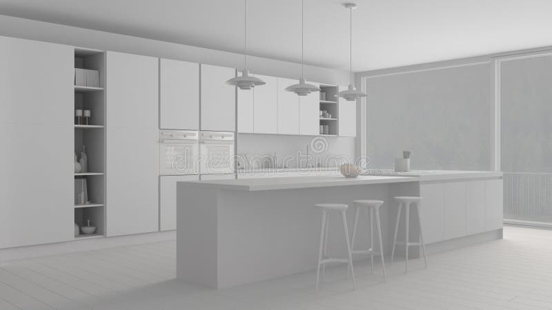Total white project of modern minimalist kitchen with island and big panoramic window, parquet, pendant lamps, contemporary archit