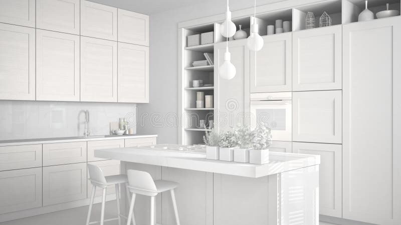 Total white project, unfinished draft of modern kitchen in contemporary luxury apartment, vintage retro interior design