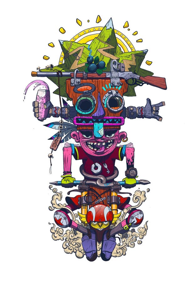 Mountain bike totem shows all fun and accessories. Sheep gun illustrations