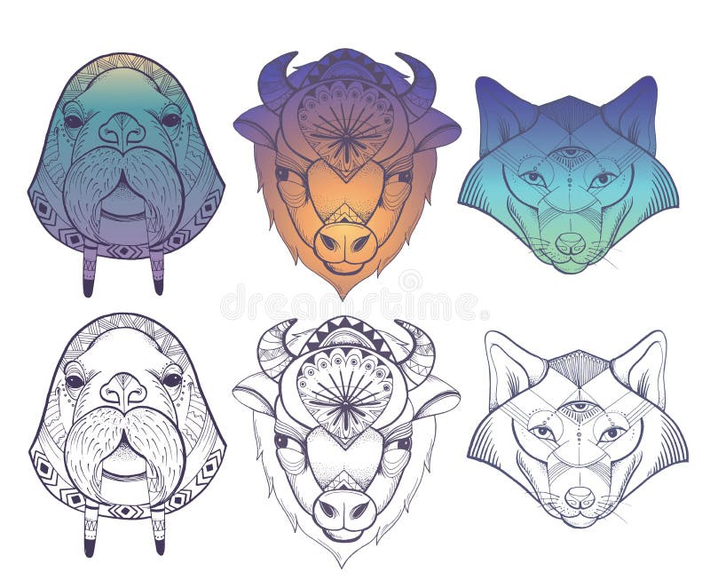 Totems d'animaux : loup, buffle et morse de vecteur illustration libre de droits Totems d'animaux : loup, buffle et morse de vecteur illustration libre de droits