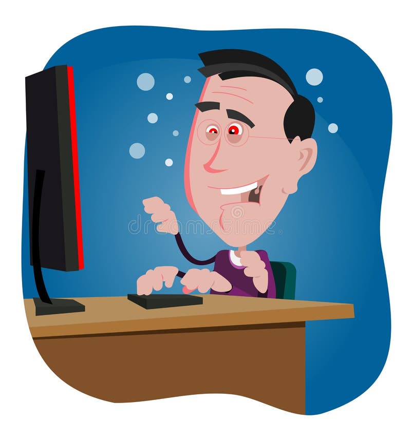 Illustration of a computer addicted cartoon man working in the night. Illustration of a computer addicted cartoon man working in the night