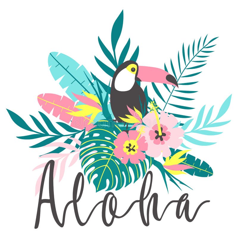 Toucan with tropical flowers, palm leaves, hibiscus