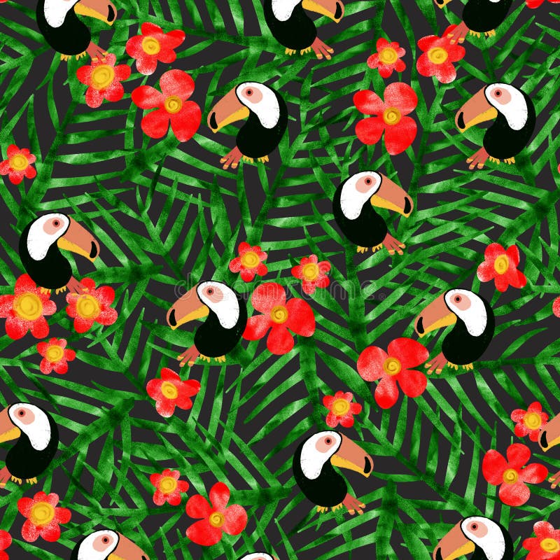 Toucang tra giungla foglie senza saldatura Foglie esotiche di palma verde tropicale e fiori rossi con uccello tuca royalty illustrazione gratis Toucang tra giungla foglie senza saldatura Foglie esotiche di palma verde tropicale e fiori rossi con uccello tuca royalty illustrazione gratis