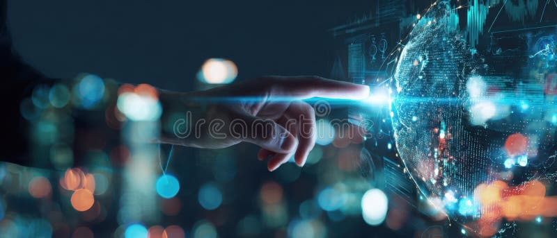 The Touch of Technology on a Digital Globe Depicting Global Connectivity image stock images.