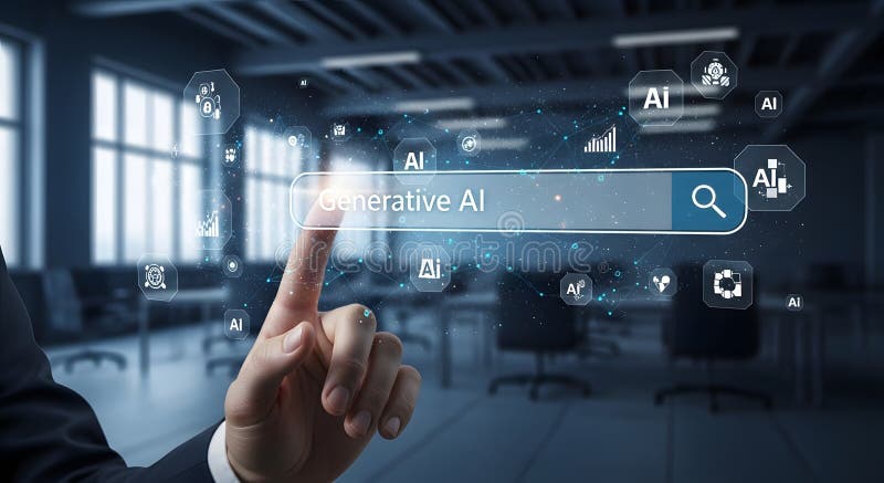 Touching Generative AI Search Bar in a Futuristic Office Space stock illustration