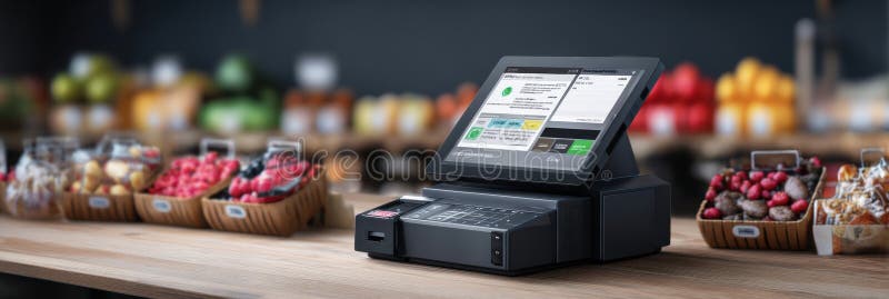 Touchscreen Delivery Terminal Visualizza la ricezione digitale in un mercato del cibo pulito con prodotti freschi fotografia stock libera da diritti
