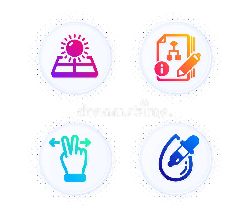 Touchscreen gesture, Algorithm and Sun energy icons set. Eye drops sign. Swipe, Project, Solar panels. Pipette. Vector stock illustration