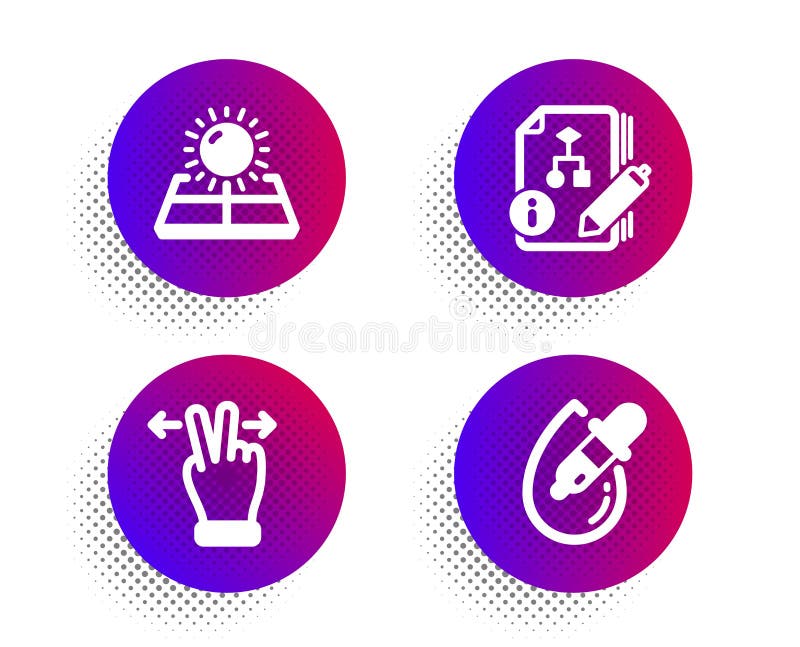 Touchscreen gesture, Algorithm and Sun energy icons set. Eye drops sign. Swipe, Project, Solar panels. Pipette. Vector stock illustration