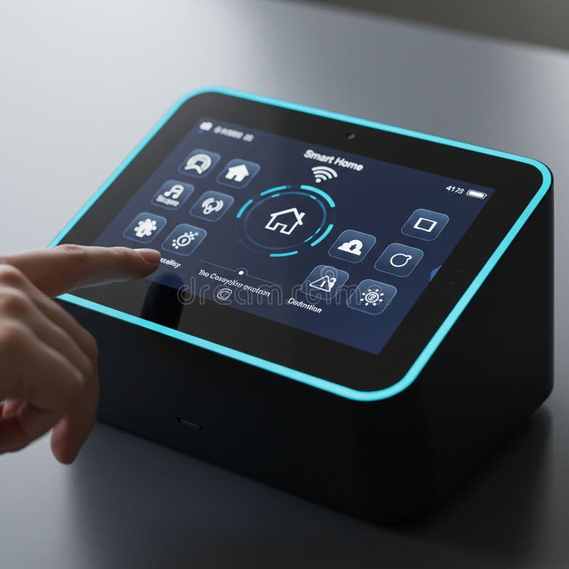 Touchscreen smart home control panel with a digital interface displaying various home automation icons. The screen, bordered by a blue neon edge, shows symbols for lights, temperature, locks, and more. A person s finger interacts with the display, suggesting an intuitive and user-friendly system. The device is sleek and modern, resting on a flat surface, ideal for managing household systems easily.