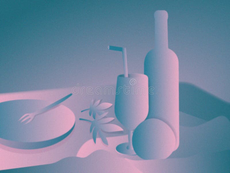 Toujours durée moderne Peinture de Digitals Bouteille de vin, verre cristal et pomme ou orange, feuilles dans la table illustration libre de droits Toujours durée moderne Peinture de Digitals Bouteille de vin, verre cristal et pomme ou orange, feuilles dans la table illustration libre de droits